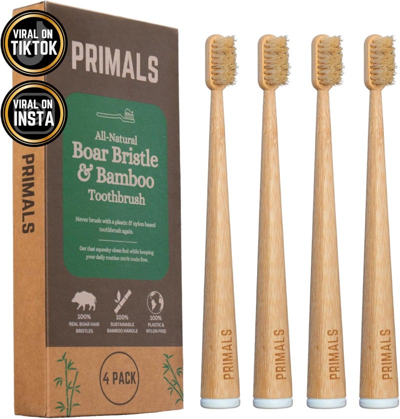 PRIMALS Boar Bristle & Bamboo Toothbrush (4-Pack) - Premium Boar Bristles - Fully Biodegradable - Plastic & Nylon Free - Quick Dry Design - Image 1